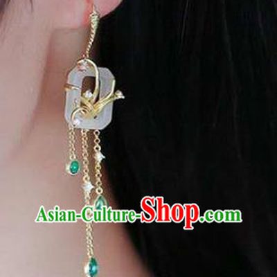 Handmade China Jade Ear Jewelry Accessories Traditional National Cheongsam Green Crystal Tassel Earrings
