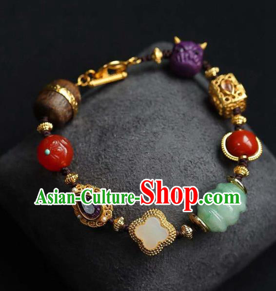 China Handmade Jade Gems Bracelet Traditional Jewelry Accessories National Golden Bangle China Handmade Jade Gems Bracelet Traditional Jewelry Accessories National Golden Bangle