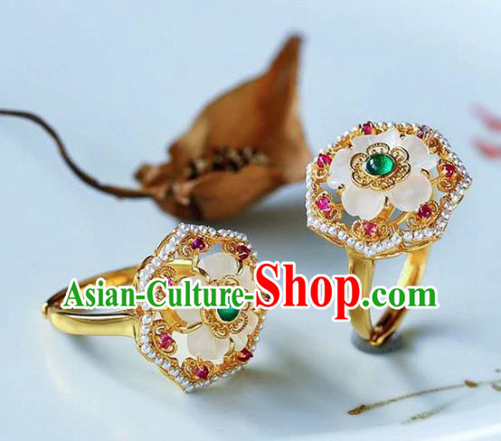 China National White Crystal Flower Ring Jewelry Traditional Handmade Pearls Golden Circlet Accessories China National White Crystal Flower Ring Jewelry Traditional Handmade Pearls Golden Circlet Accessories
