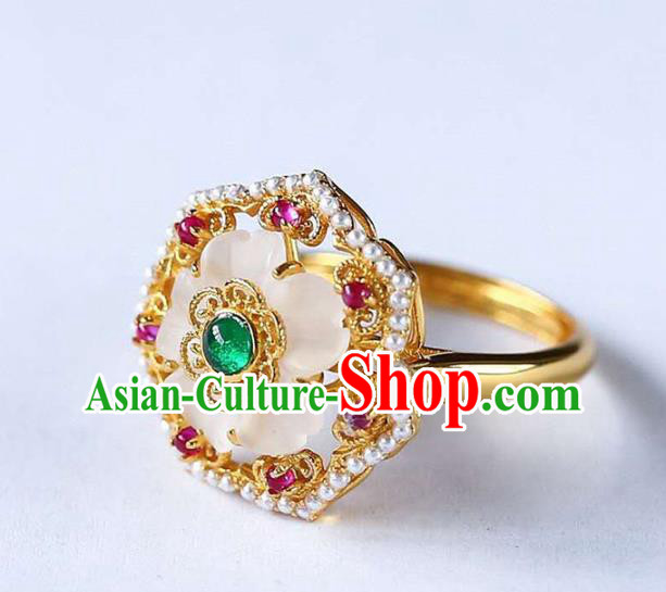 China National White Crystal Flower Ring Jewelry Traditional Handmade Pearls Golden Circlet Accessories China National White Crystal Flower Ring Jewelry Traditional Handmade Pearls Golden Circlet Accessories
