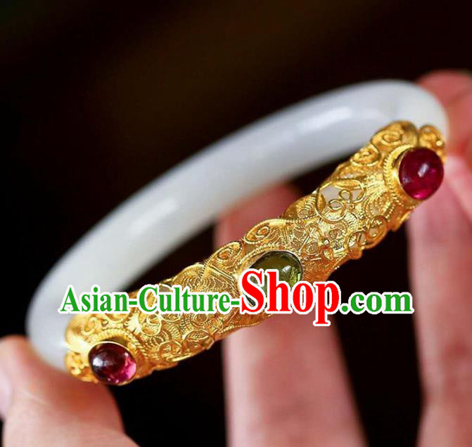 China Handmade Golden Gems Bracelet Traditional Jewelry Accessories National White Jade Bangle China Handmade Golden Gems Bracelet Traditional Jewelry Accessories National White Jade Bangle