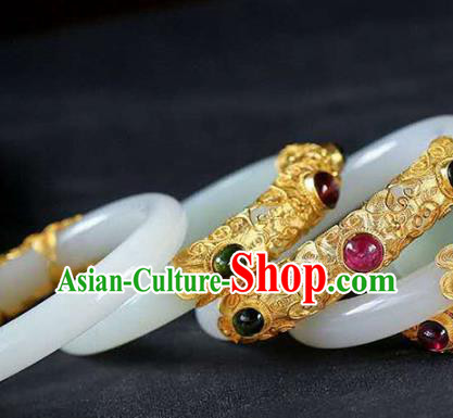 China Handmade Golden Gems Bracelet Traditional Jewelry Accessories National White Jade Bangle China Handmade Golden Gems Bracelet Traditional Jewelry Accessories National White Jade Bangle