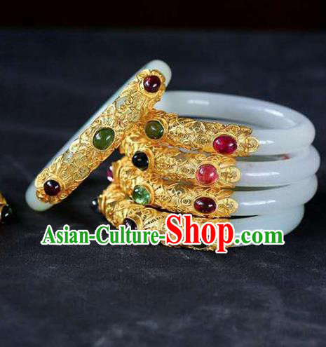 China Handmade Golden Gems Bracelet Traditional Jewelry Accessories National White Jade Bangle China Handmade Golden Gems Bracelet Traditional Jewelry Accessories National White Jade Bangle