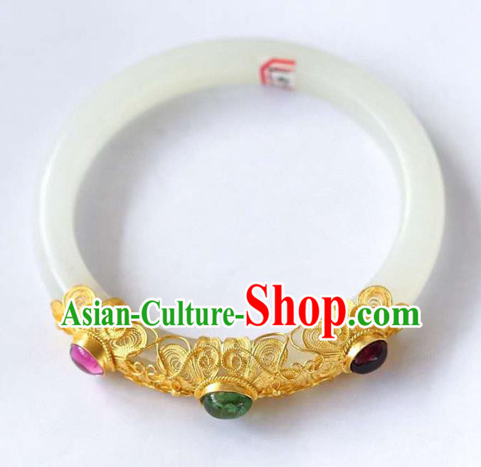 China Handmade Golden Gems Bracelet Traditional Jewelry Accessories National White Jade Bangle China Handmade Golden Gems Bracelet Traditional Jewelry Accessories National White Jade Bangle