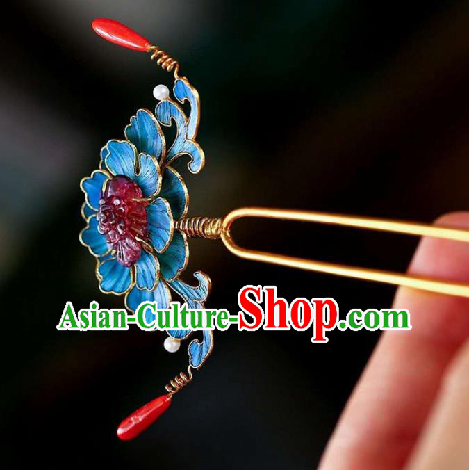 Chinese Traditional Hair Jewelry Handmade Qing Dynasty Empress Blueing Peony Hairpin Chinese Traditional Hair Jewelry Handmade Qing Dynasty Empress Blueing Peony Hairpin