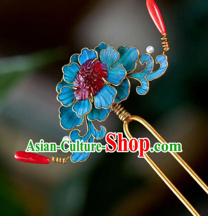 Chinese Traditional Hair Jewelry Handmade Qing Dynasty Empress Blueing Peony Hairpin Chinese Traditional Hair Jewelry Handmade Qing Dynasty Empress Blueing Peony Hairpin