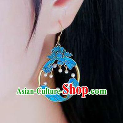 Handmade China Blueing Lotus Ear Jewelry Accessories Traditional Cheongsam Pearls Earrings