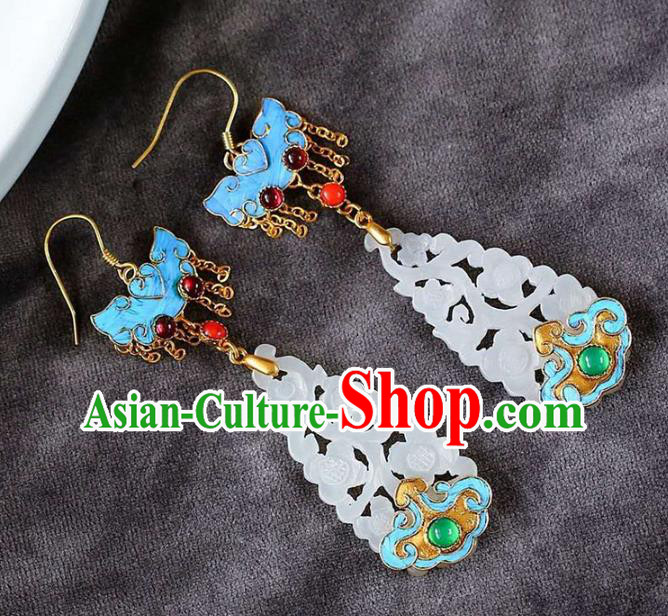 Handmade China Qing Dynasty Jade Ear Jewelry Accessories Traditional Cheongsam Blueing Bat Earrings Handmade China Qing Dynasty Jade Ear Jewelry Accessories Traditional Cheongsam Blueing Bat Earrings