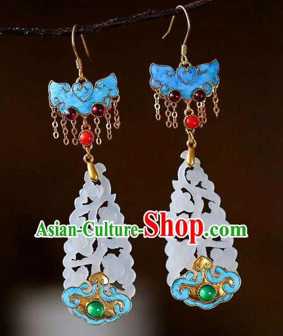 Handmade China Qing Dynasty Jade Ear Jewelry Accessories Traditional Cheongsam Blueing Bat Earrings Handmade China Qing Dynasty Jade Ear Jewelry Accessories Traditional Cheongsam Blueing Bat Earrings