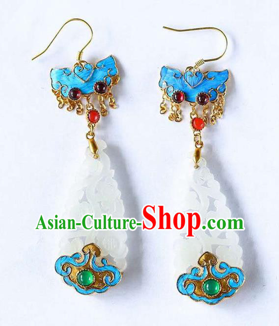 Handmade China Qing Dynasty Jade Ear Jewelry Accessories Traditional Cheongsam Blueing Bat Earrings Handmade China Qing Dynasty Jade Ear Jewelry Accessories Traditional Cheongsam Blueing Bat Earrings