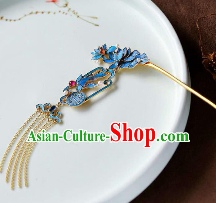 Chinese Traditional Qing Dynasty Blueing Lotus Hair Jewelry Handmade Ancient Empress Tassel Hairpin Chinese Traditional Qing Dynasty Blueing Lotus Hair Jewelry Handmade Ancient Empress Tassel Hairpin