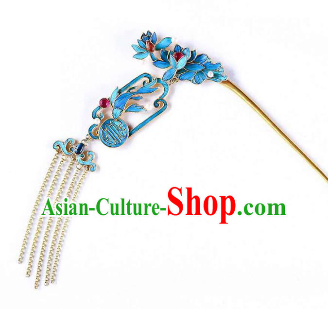 Chinese Traditional Qing Dynasty Blueing Lotus Hair Jewelry Handmade Ancient Empress Tassel Hairpin Chinese Traditional Qing Dynasty Blueing Lotus Hair Jewelry Handmade Ancient Empress Tassel Hairpin