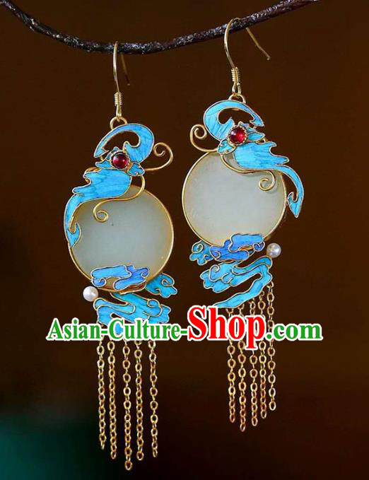 Handmade China Blueing Cloud Ear Jewelry Accessories Traditional Cheongsam Jade Tassel Earrings