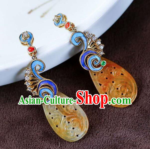 Handmade China Qing Dynasty Yellow Jadeite Ear Jewelry Accessories Traditional Cheongsam Cloisonne Earrings Handmade China Qing Dynasty Yellow Jadeite Ear Jewelry Accessories Traditional Cheongsam Cloisonne Earrings