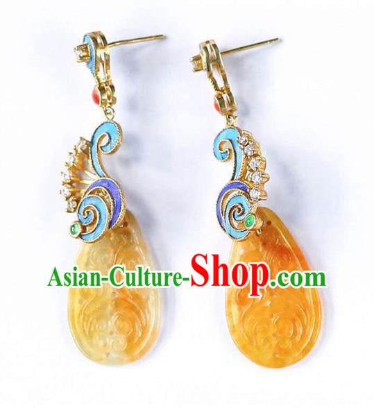 Handmade China Qing Dynasty Yellow Jadeite Ear Jewelry Accessories Traditional Cheongsam Cloisonne Earrings Handmade China Qing Dynasty Yellow Jadeite Ear Jewelry Accessories Traditional Cheongsam Cloisonne Earrings