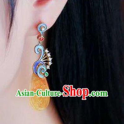 Handmade China Qing Dynasty Yellow Jadeite Ear Jewelry Accessories Traditional Cheongsam Cloisonne Earrings