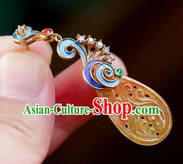 Handmade China Qing Dynasty Yellow Jadeite Ear Jewelry Accessories Traditional Cheongsam Cloisonne Earrings Handmade China Qing Dynasty Yellow Jadeite Ear Jewelry Accessories Traditional Cheongsam Cloisonne Earrings