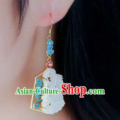 Handmade China Tourmaline Ear Jewelry Accessories Traditional Cheongsam White Jade Carving Earrings