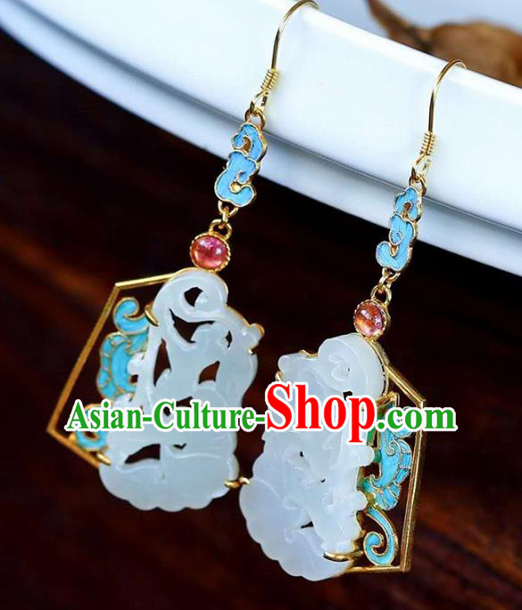 Handmade China Tourmaline Ear Jewelry Accessories Traditional Cheongsam White Jade Carving Earrings Handmade China Tourmaline Ear Jewelry Accessories Traditional Cheongsam White Jade Carving Earrings
