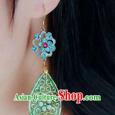 Handmade China Cloisonne Ear Jewelry Accessories Traditional Cheongsam Jade Carving Plum Earrings