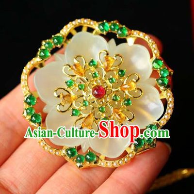 Chinese National Classical Jade Carving Flower Necklace Accessories Handmade Golden Necklet Pendant