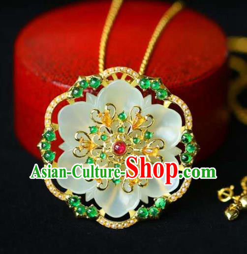 Chinese National Classical Jade Carving Flower Necklace Accessories Handmade Golden Necklet Pendant Chinese National Classical Jade Carving Flower Necklace Accessories Handmade Golden Necklet Pendant