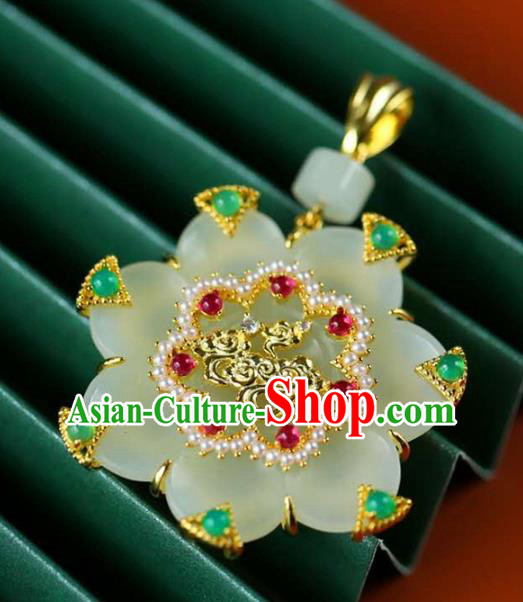 Chinese National Classical Pearls Necklace Accessories Handmade Jade Flower Golden Necklet Pendant Chinese National Classical Pearls Necklace Accessories Handmade Jade Flower Golden Necklet Pendant