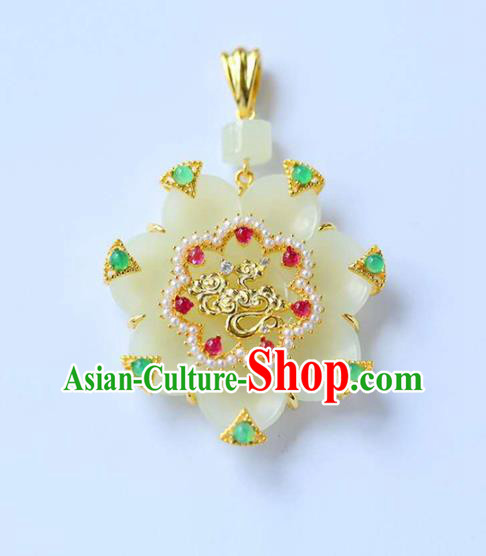 Chinese National Classical Pearls Necklace Accessories Handmade Jade Flower Golden Necklet Pendant Chinese National Classical Pearls Necklace Accessories Handmade Jade Flower Golden Necklet Pendant