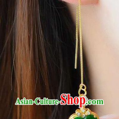 Handmade China Cheongsam Crystal Long Earrings Traditional National Jewelry Accessories Jadeite Eardrop