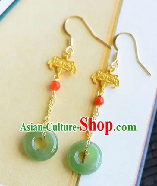 Handmade China Golden Eardrop National Jewelry Accessories Traditional Cheongsam Jade Peace Buckle Earrings Handmade China Golden Eardrop National Jewelry Accessories Traditional Cheongsam Jade Peace Buckle Earrings