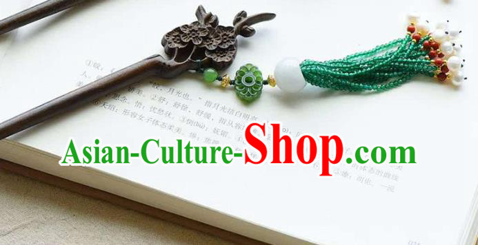 Chinese Traditional Green Beads Tassel Hairpin Handmade Ebony Carving Plum Hair Accessories Chinese Traditional Green Beads Tassel Hairpin Handmade Ebony Carving Plum Hair Accessories