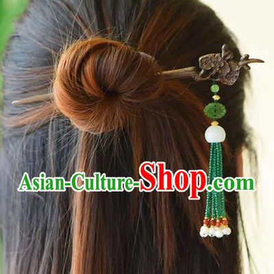 Chinese Traditional Green Beads Tassel Hairpin Handmade Ebony Carving Plum Hair Accessories