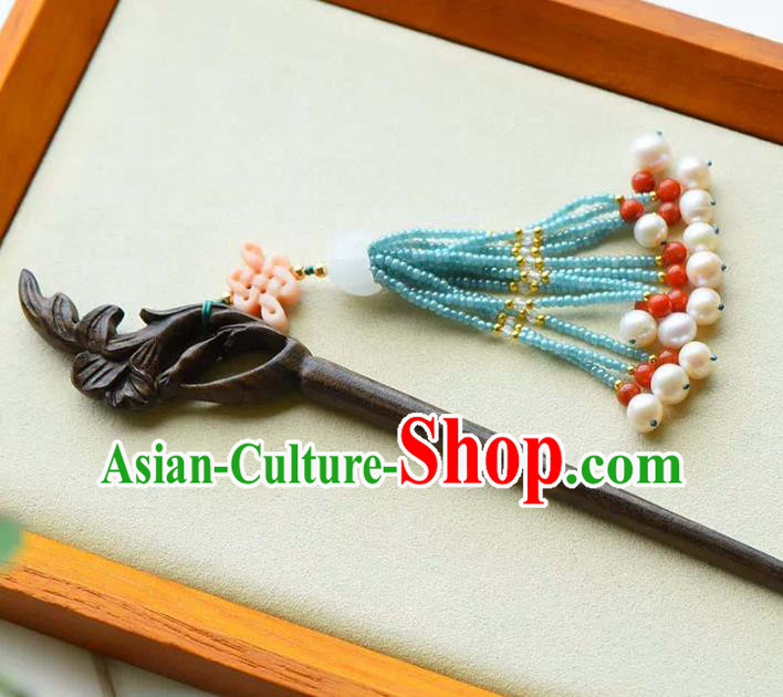Chinese Traditional Green Beads Tassel Hairpin Handmade Ebony Carving Plum Hair Accessories Chinese Traditional Green Beads Tassel Hairpin Handmade Ebony Carving Plum Hair Accessories