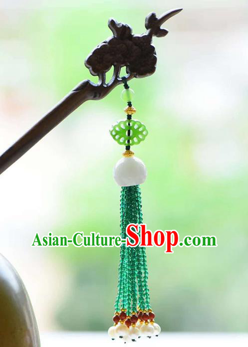 Chinese Traditional Green Beads Tassel Hairpin Handmade Ebony Carving Plum Hair Accessories Chinese Traditional Green Beads Tassel Hairpin Handmade Ebony Carving Plum Hair Accessories