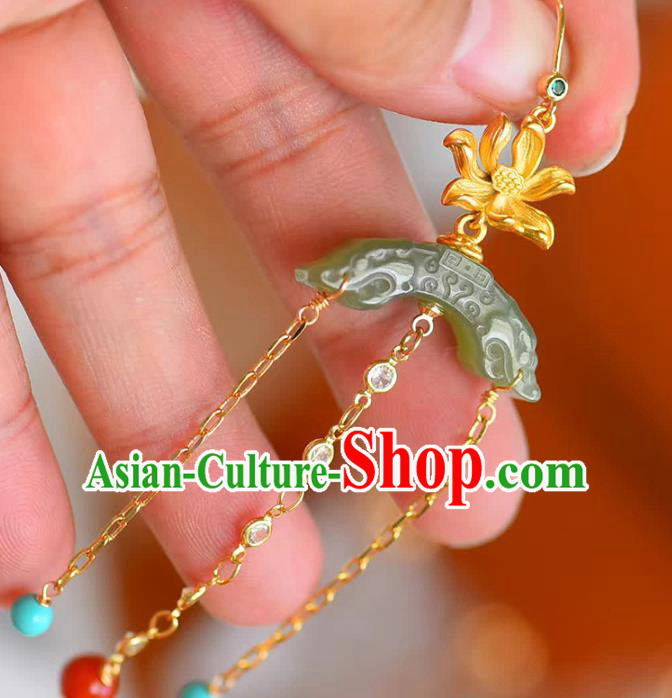 Handmade China Golden Lotus Eardrop National Jewelry Accessories Traditional Cheongsam Jade Moon Earrings Handmade China Golden Lotus Eardrop National Jewelry Accessories Traditional Cheongsam Jade Moon Earrings