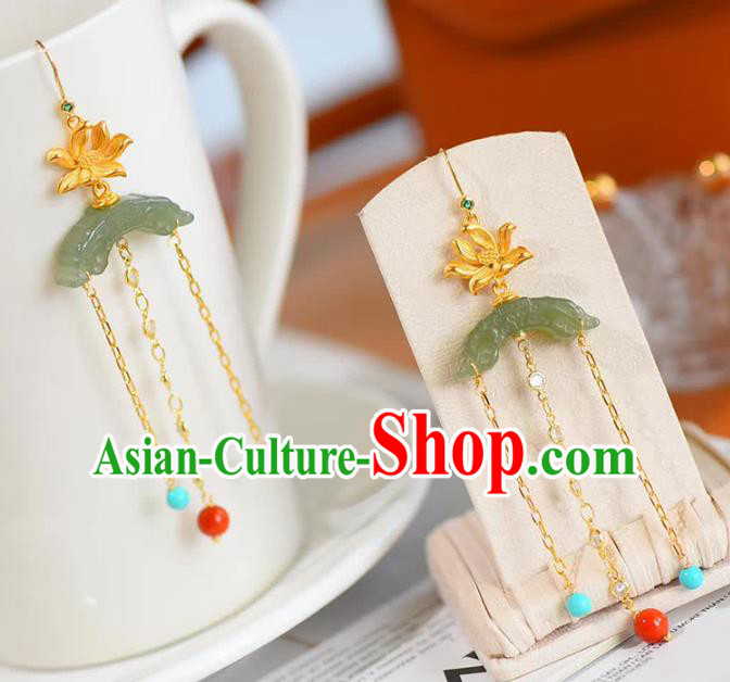 Handmade China Golden Lotus Eardrop National Jewelry Accessories Traditional Cheongsam Jade Moon Earrings Handmade China Golden Lotus Eardrop National Jewelry Accessories Traditional Cheongsam Jade Moon Earrings