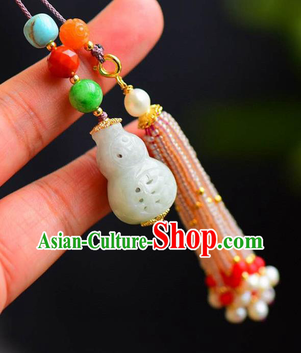 Chinese National Classical Jade Carving Gourd Necklace Accessories Handmade Pearls Tassel Necklet Pendant Chinese National Classical Jade Carving Gourd Necklace Accessories Handmade Pearls Tassel Necklet Pendant