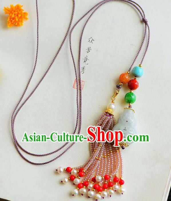 Chinese National Classical Jade Carving Gourd Necklace Accessories Handmade Pearls Tassel Necklet Pendant Chinese National Classical Jade Carving Gourd Necklace Accessories Handmade Pearls Tassel Necklet Pendant