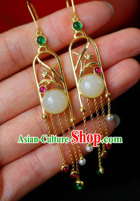 Handmade China Traditional Cheongsam Gems Tassel Earrings National Jewelry Accessories Golden Orchids Eardrop Handmade China Traditional Cheongsam Gems Tassel Earrings National Jewelry Accessories Golden Orchids Eardrop