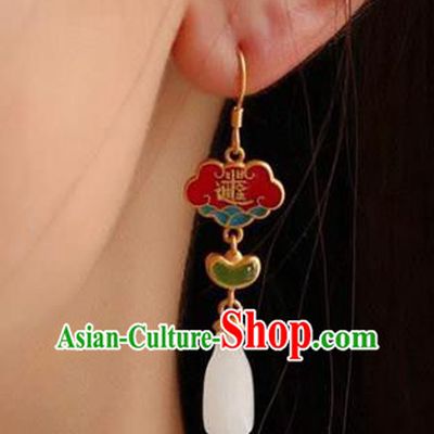 Handmade China National Cheongsam Enamel Red Earrings Traditional Jewelry Accessories Jade Mangnolia Eardrop