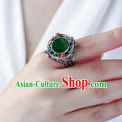 Chinese National Silver Ring Jewelry Traditional Handmade Jadeite Circlet Accessories