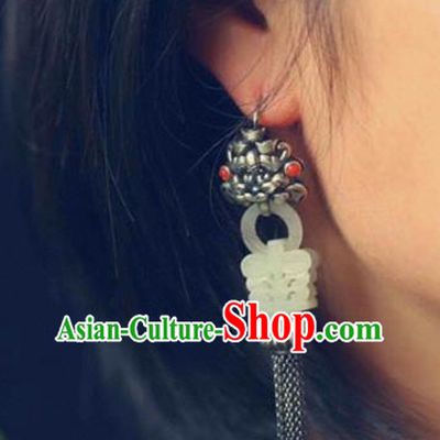Handmade China Traditional Jade Jewelry Eardrop Accessories National Cheongsam Silver Tassel Earrings