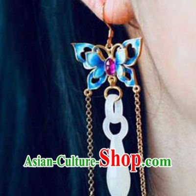 Handmade China Blueing Butterfly Eardrop Accessories Traditional Jewelry National Cheongsam Jade Vase Earrings
