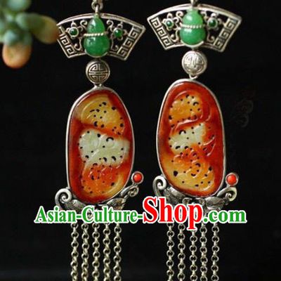 Handmade China Wedding Silver Tassel Eardrop Accessories Traditional Jade Jewelry National Cheongsam Gourd Earrings