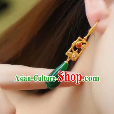 Handmade China Golden Eardrop Accessories National Cheongsam Earrings Traditional Jade Jewelry