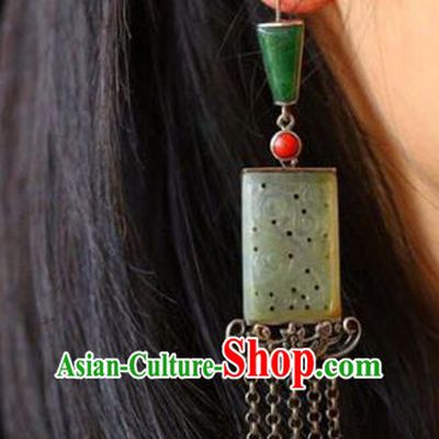 Handmade China National Cheongsam Earrings Wedding Silver Tassel Eardrop Accessories Traditional Jade Jewelry