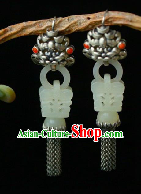 Handmade China Traditional Jade Jewelry Eardrop Accessories National Cheongsam Silver Tassel Earrings Handmade China Traditional Jade Jewelry Eardrop Accessories National Cheongsam Silver Tassel Earrings