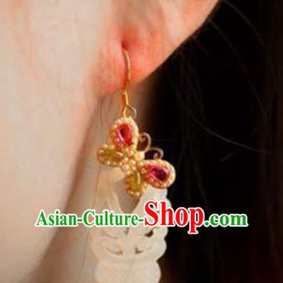 Handmade China Gems Butterfly Eardrop Accessories Traditional Jade Jewelry National Cheongsam Pearls Earrings