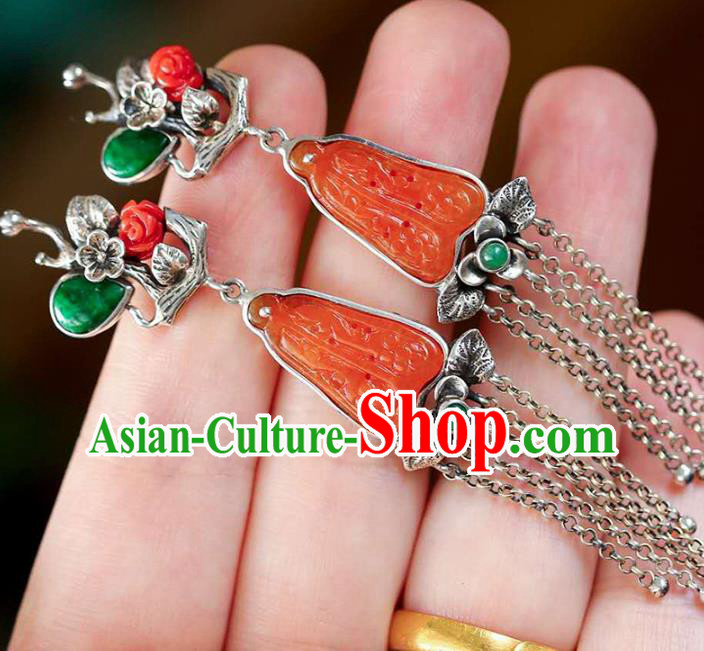 Handmade China National Cheongsam Earrings Agate Eardrop Accessories Traditional Silver Plum Tassel Jewelry Handmade China National Cheongsam Earrings Agate Eardrop Accessories Traditional Silver Plum Tassel Jewelry