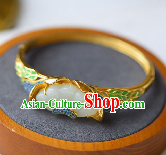 China Handmade Golden Bracelet Traditional Jewelry Accessories National Blueing Jade Lotus Bangle China Handmade Golden Bracelet Traditional Jewelry Accessories National Blueing Jade Lotus Bangle